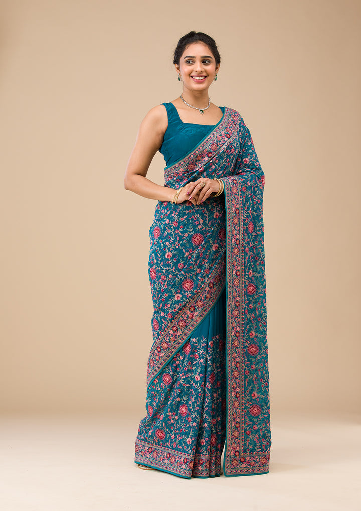 Turquoise Blue Threadwork Tissue Saree