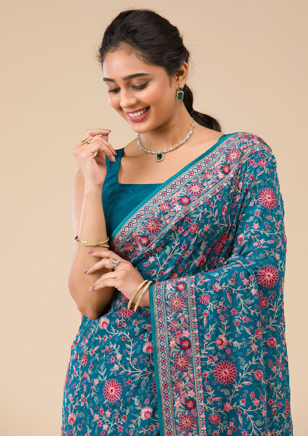 Turquoise Blue Threadwork Tissue Saree