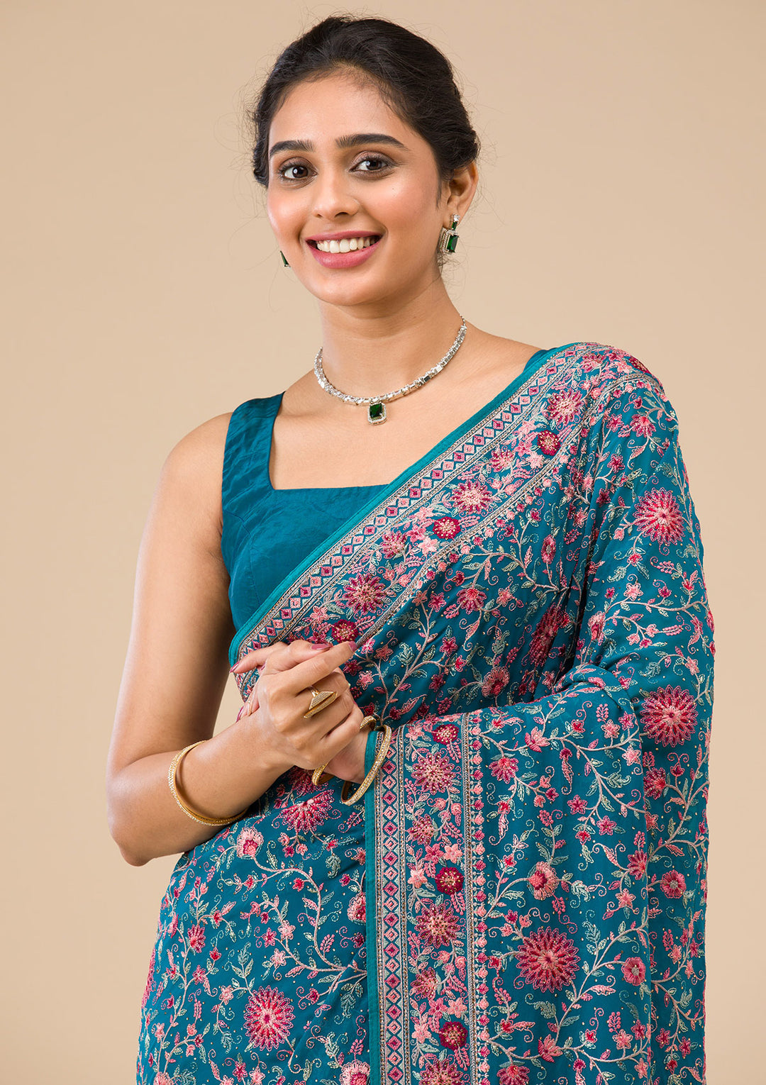 Turquoise Blue Threadwork Tissue Saree