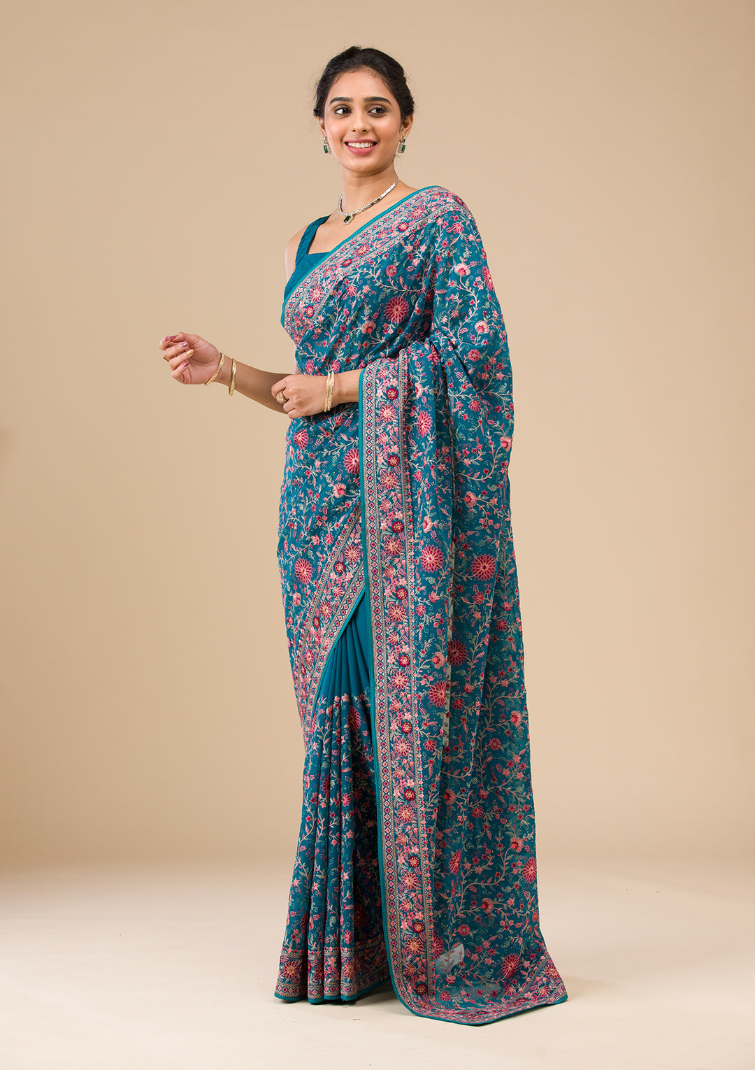 Turquoise Blue Threadwork Tissue Saree