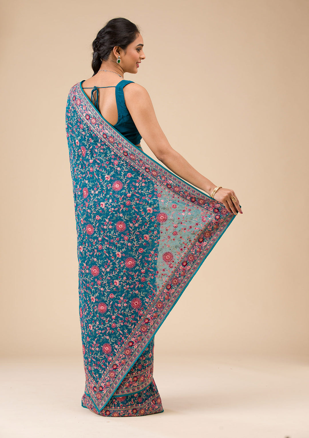 Turquoise Blue Threadwork Tissue Saree