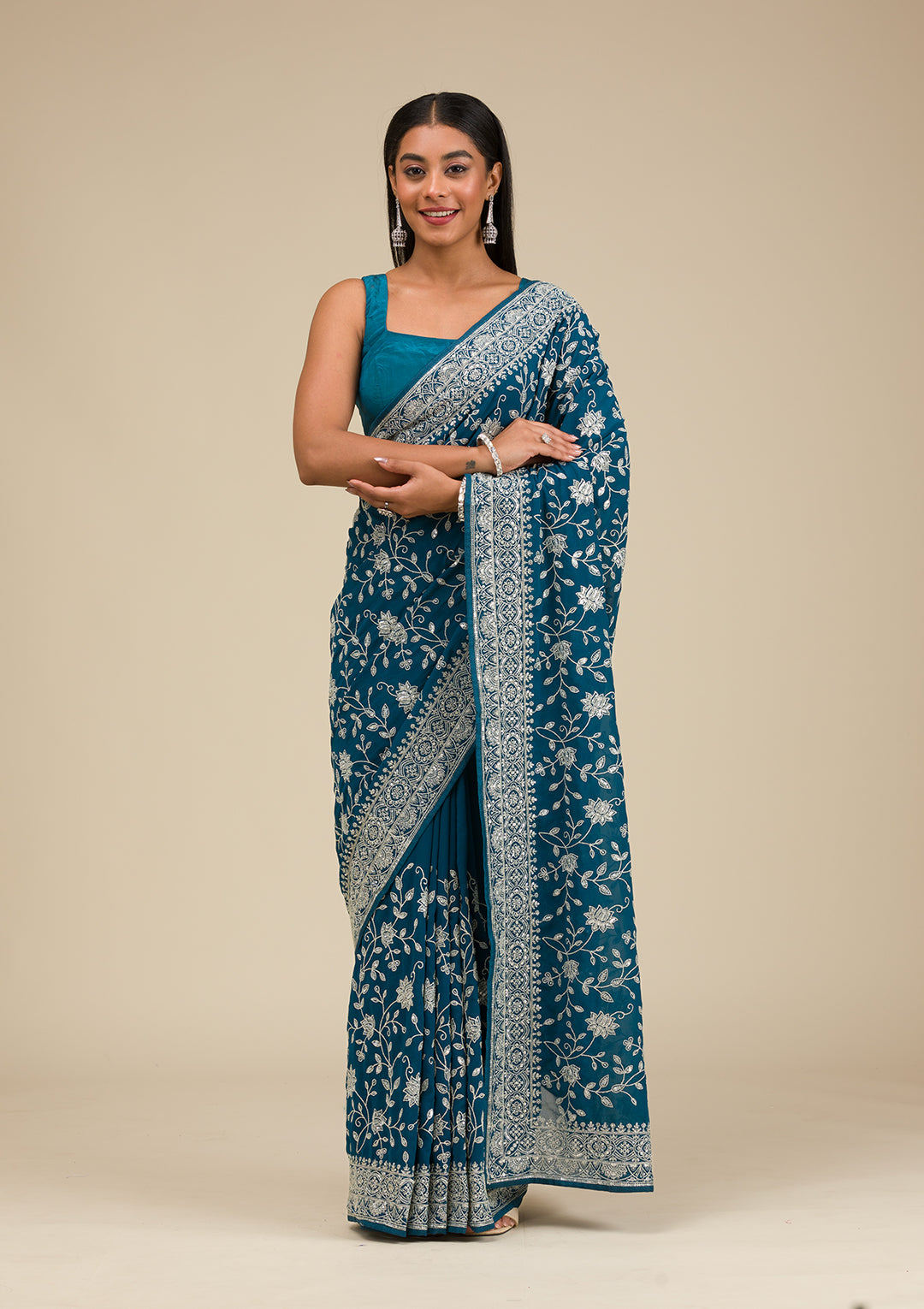 Turquoise Blue Georgette Threadwork Saree With Matching Blouse Piece
