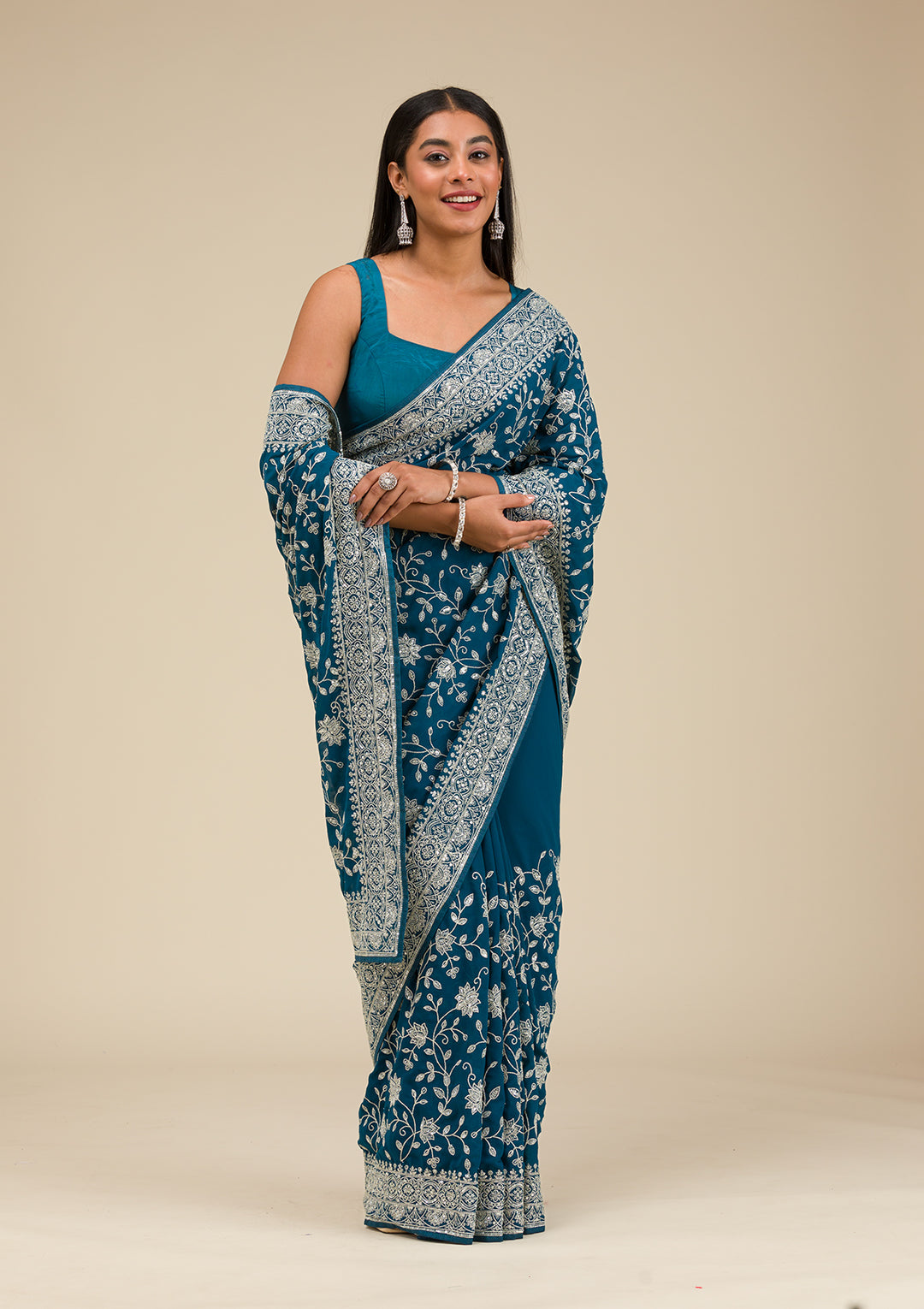 Turquoise Blue Georgette Threadwork Saree With Matching Blouse Piece