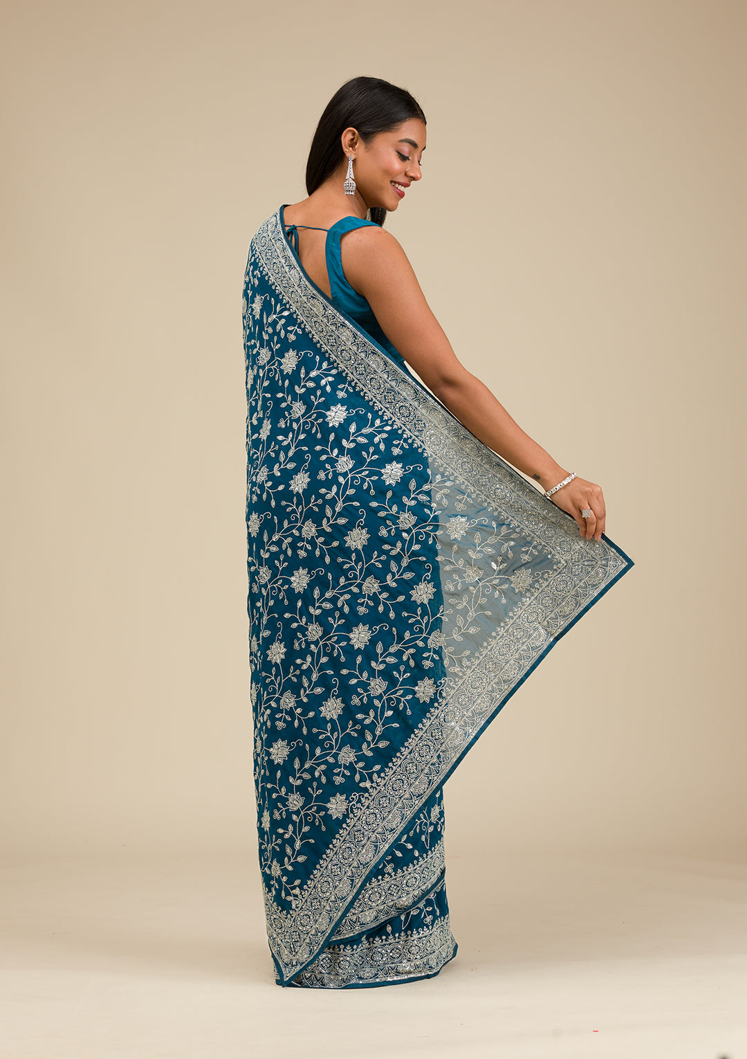 Turquoise Blue Georgette Threadwork Saree With Matching Blouse Piece