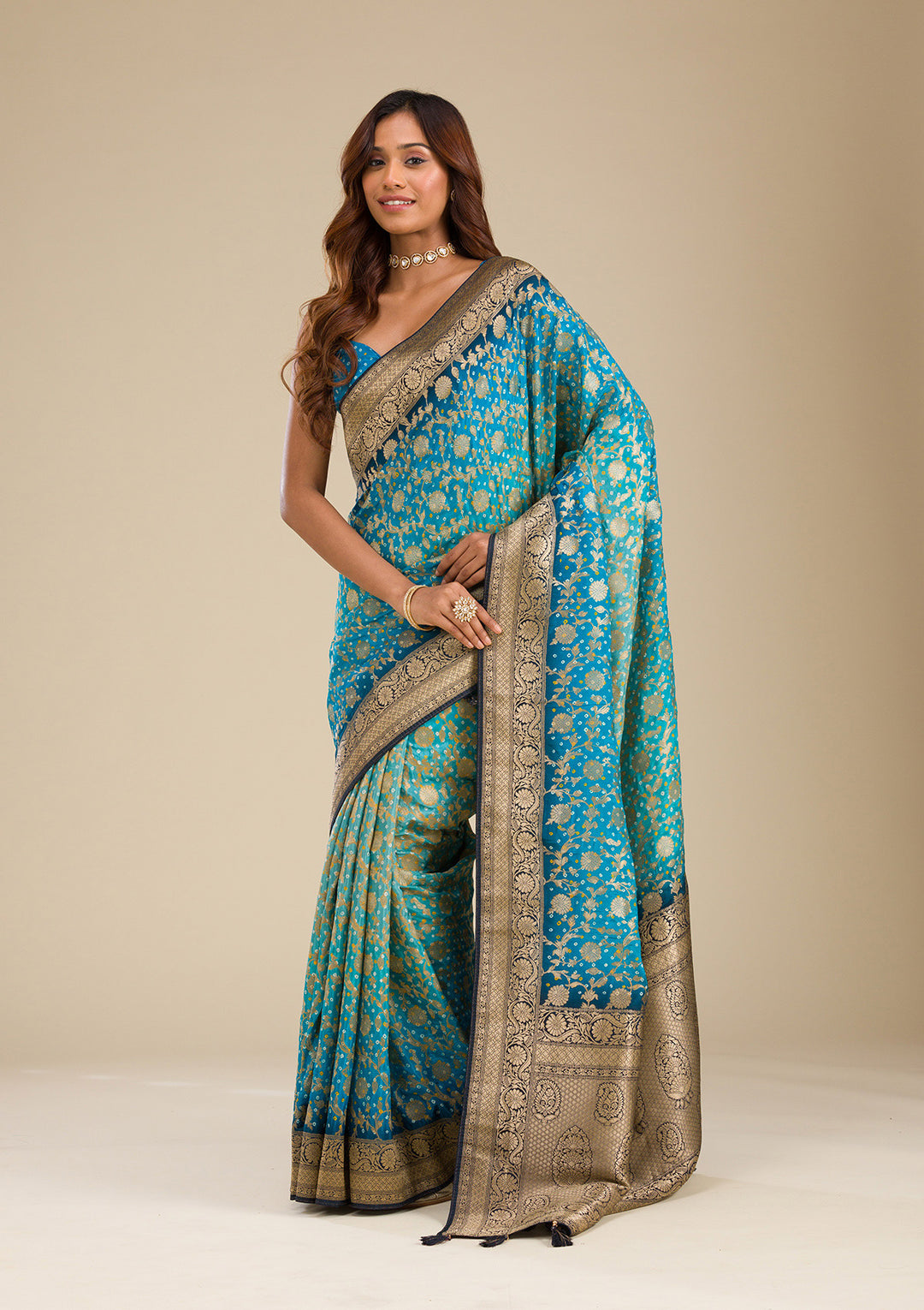 Turquoise Blue Zariwork (Gold) Silk Saree
