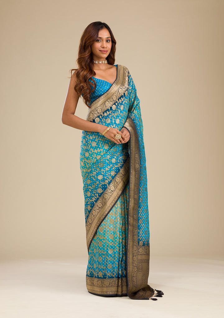 Turquoise Blue Zariwork (Gold) Silk Saree