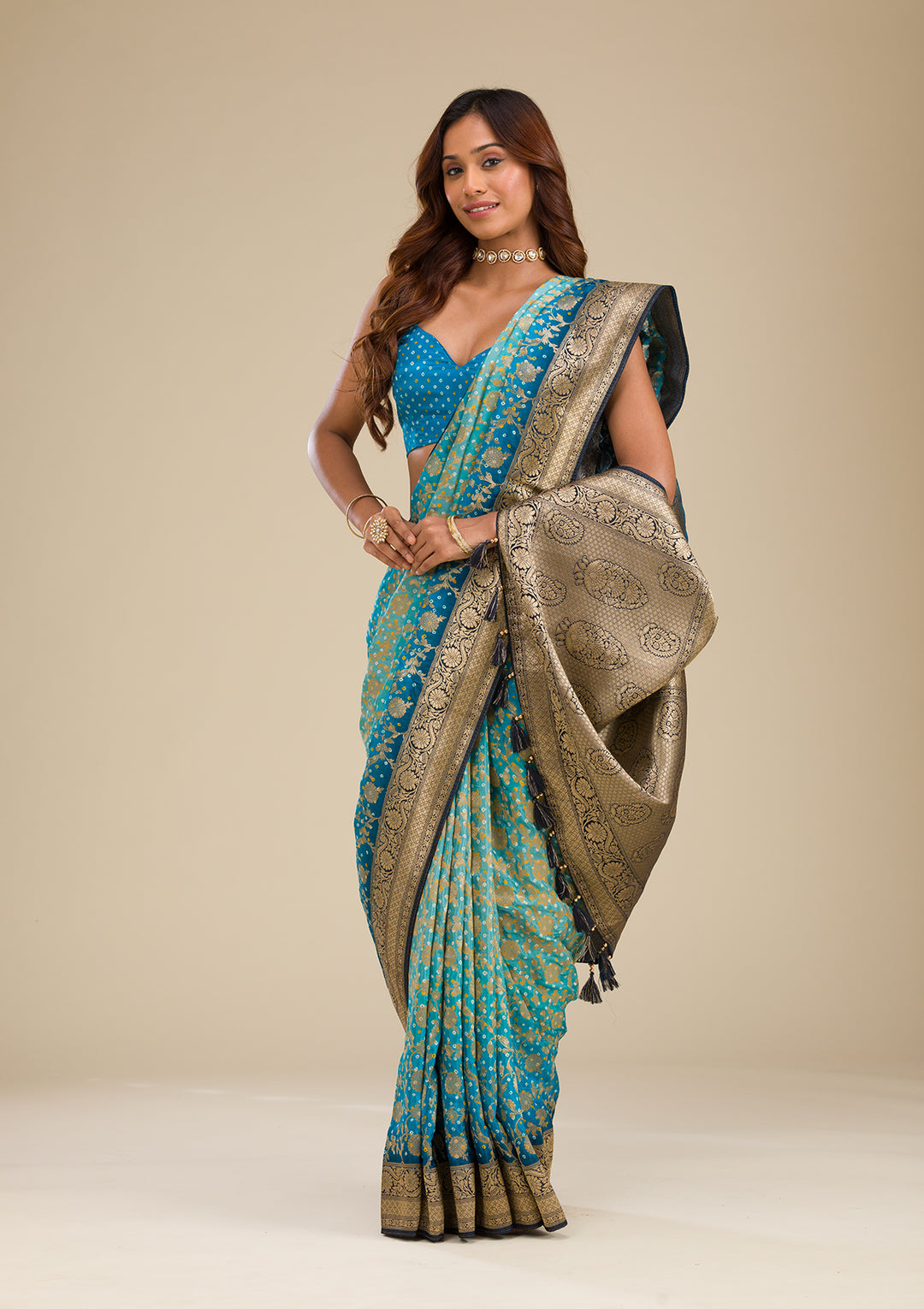 Turquoise Blue Zariwork (Gold) Silk Saree
