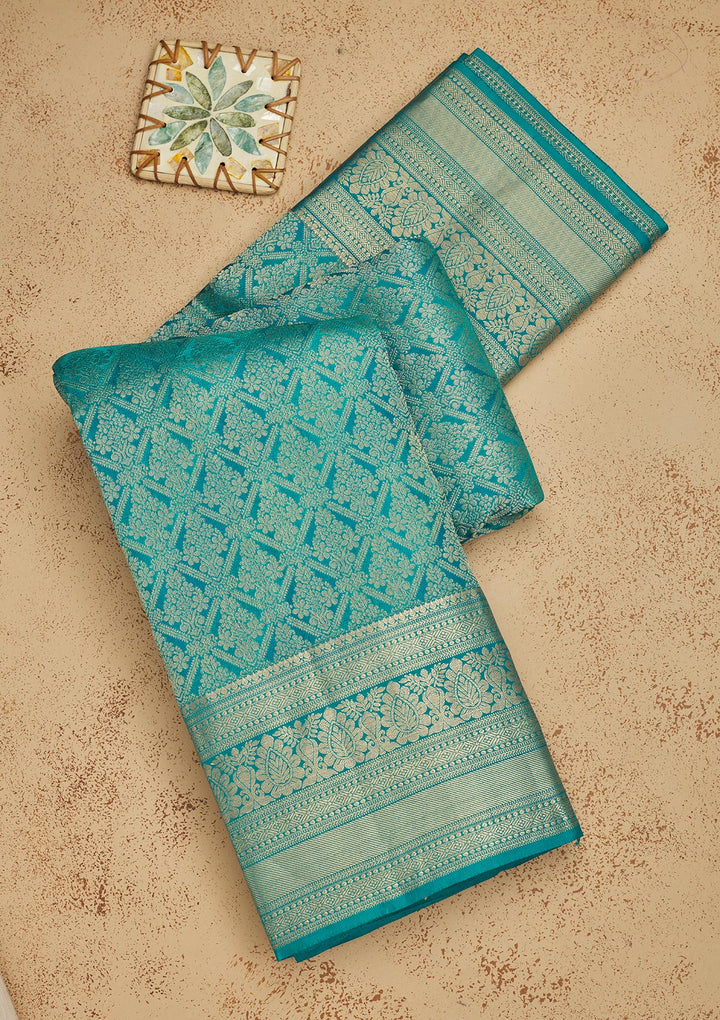 Turquoise Blue Silk Jaal Gold Zariwork Saree With Matching Blouse Piece