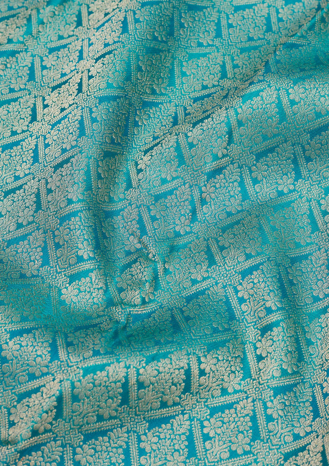 Turquoise Blue Silk Jaal Gold Zariwork Saree With Matching Blouse Piece