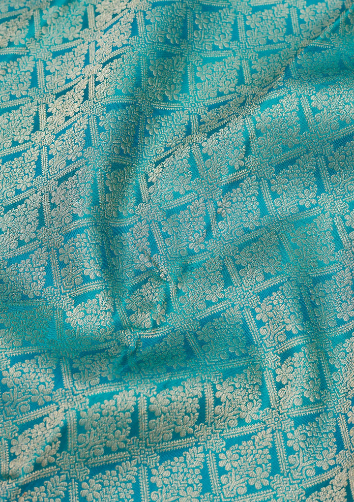 Turquoise Blue Silk Jaal Gold Zariwork Saree With Matching Blouse Piece