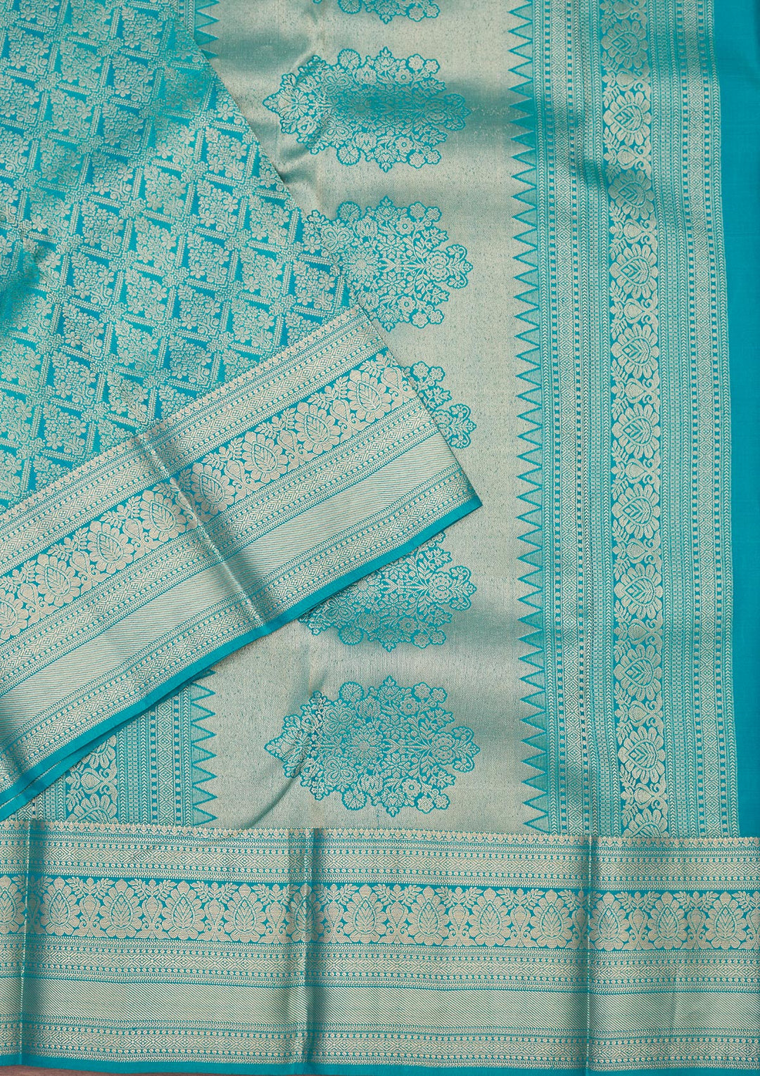Turquoise Blue Silk Jaal Gold Zariwork Saree With Matching Blouse Piece