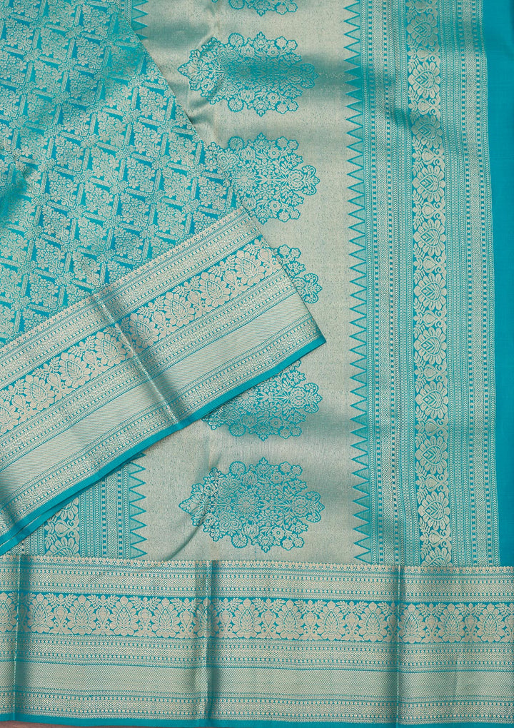 Turquoise Blue Silk Jaal Gold Zariwork Saree With Matching Blouse Piece