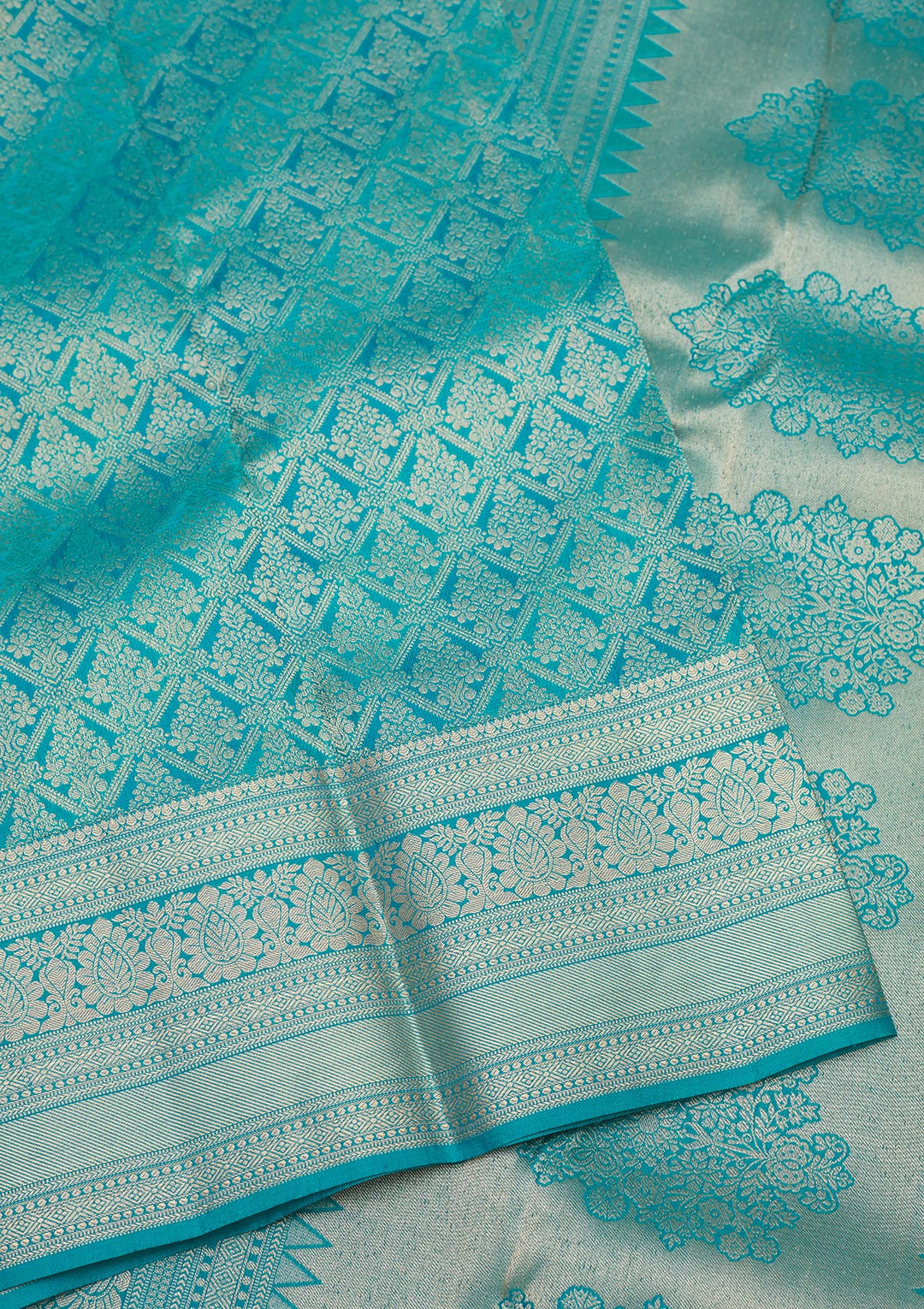 Turquoise Blue Silk Jaal Gold Zariwork Saree With Matching Blouse Piece