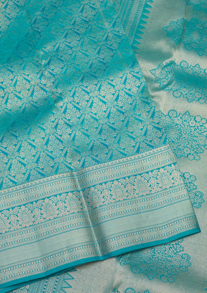 Turquoise Blue Silk Jaal Gold Zariwork Saree With Matching Blouse Piece