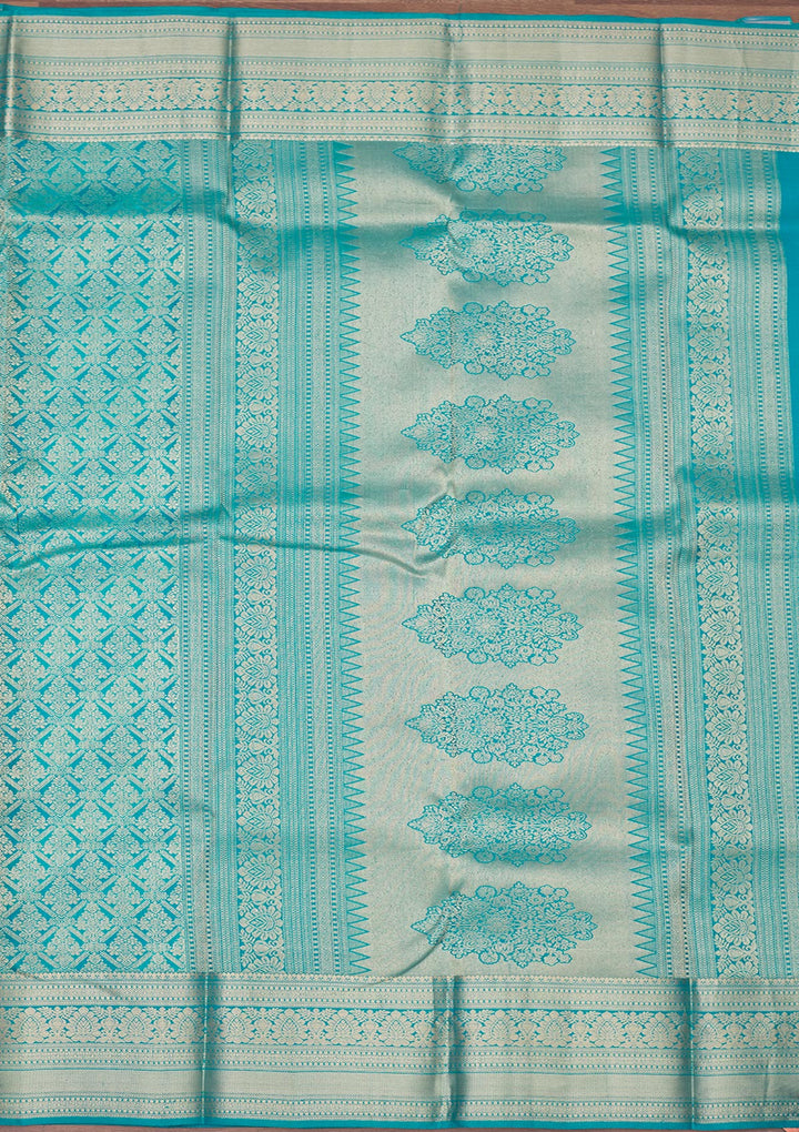 Turquoise Blue Silk Jaal Gold Zariwork Saree With Matching Blouse Piece