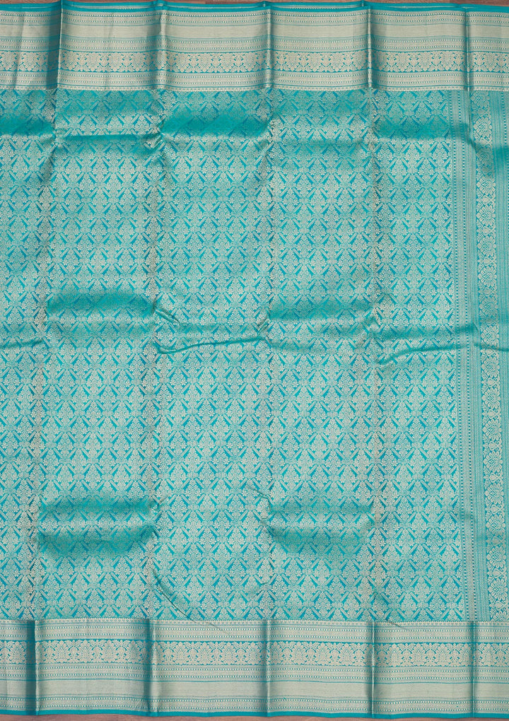 Turquoise Blue Silk Jaal Gold Zariwork Saree With Matching Blouse Piece