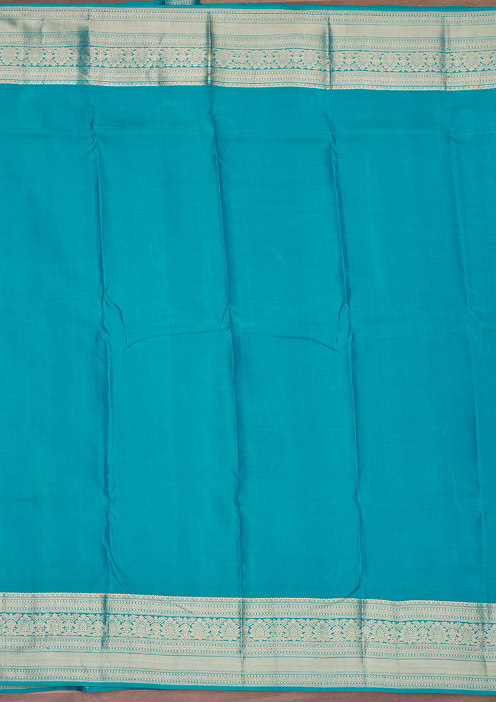 Turquoise Blue Silk Jaal Gold Zariwork Saree With Matching Blouse Piece