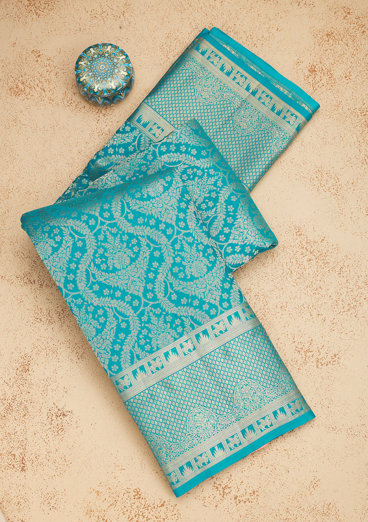 Turquoise Blue Pure Silk Jaal Zariwork Saree With Matching Blouse Piece