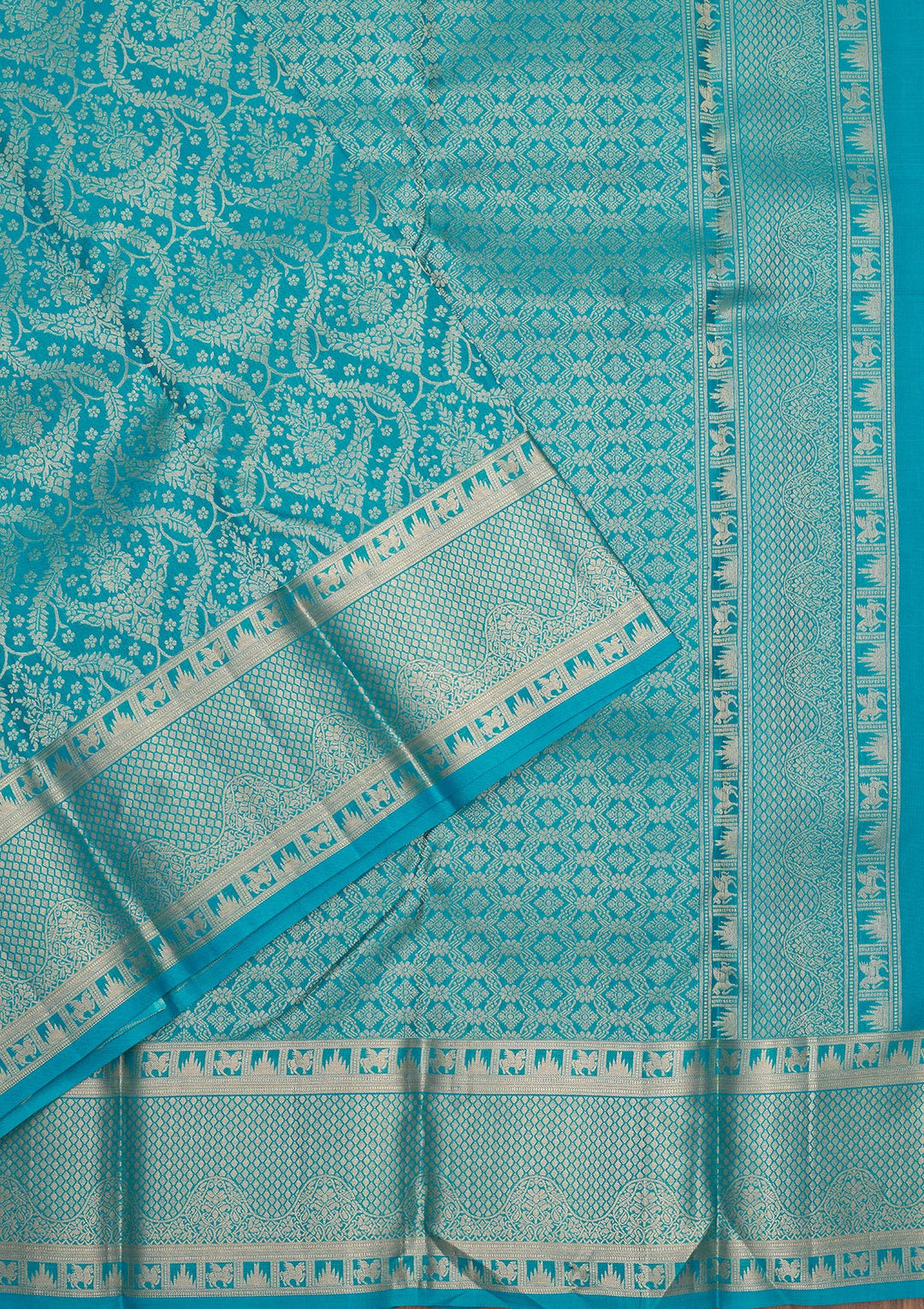 Turquoise Blue Pure Silk Jaal Zariwork Saree With Matching Blouse Piece