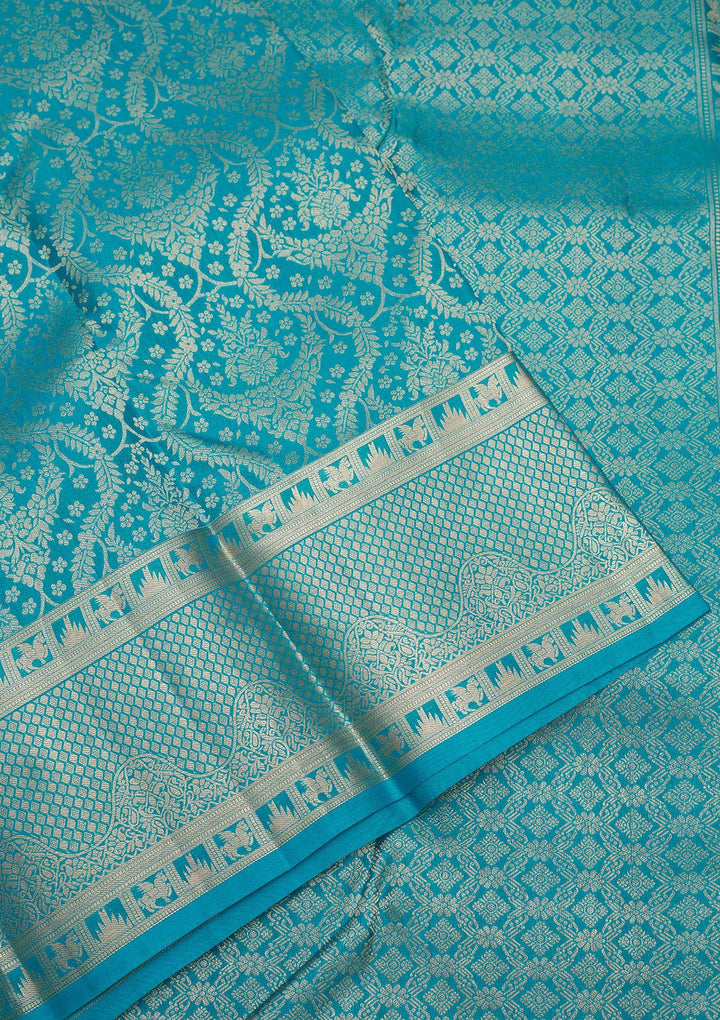 Turquoise Blue Pure Silk Jaal Zariwork Saree With Matching Blouse Piece