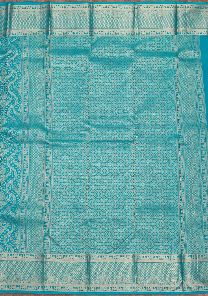 Turquoise Blue Pure Silk Jaal Zariwork Saree With Matching Blouse Piece