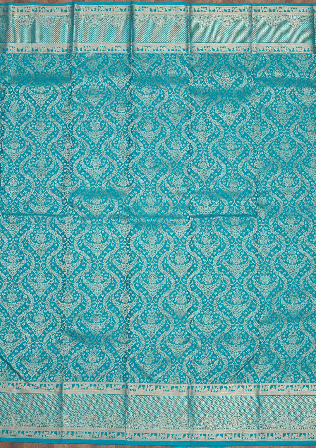 Turquoise Blue Pure Silk Jaal Zariwork Saree With Matching Blouse Piece