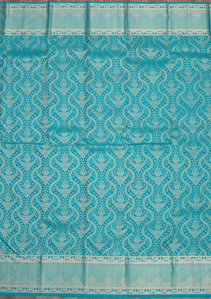 Turquoise Blue Pure Silk Jaal Zariwork Saree With Matching Blouse Piece
