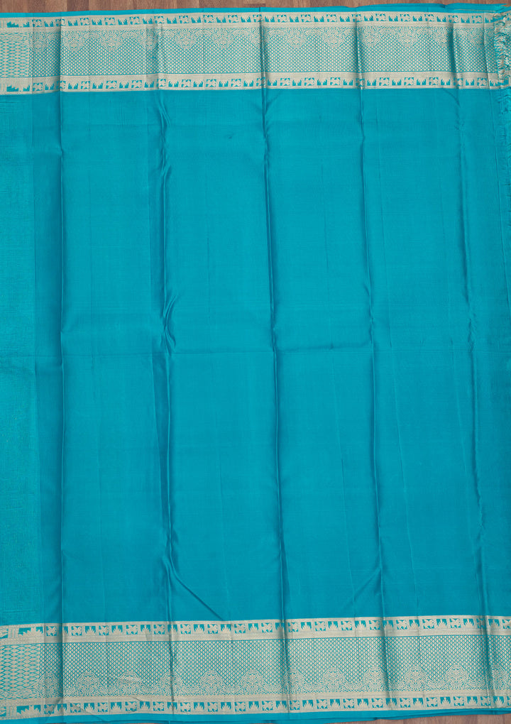 Turquoise Blue Pure Silk Jaal Zariwork Saree With Matching Blouse Piece