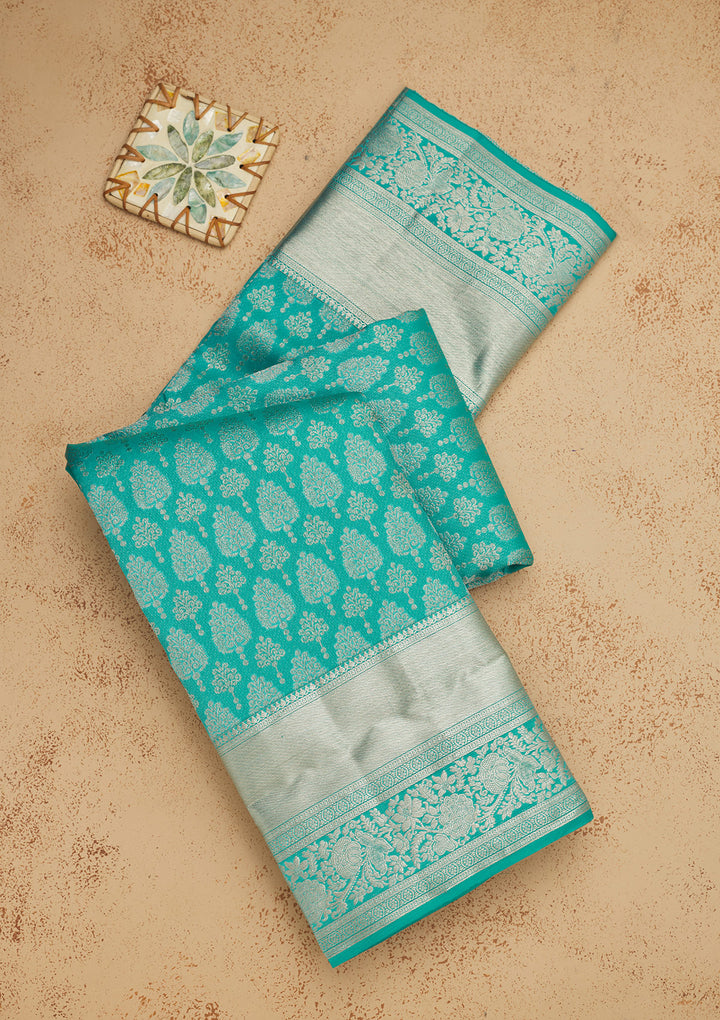 Turquoise Blue Silk Jaal Gold Zariwork Saree With Matching Blouse Piece