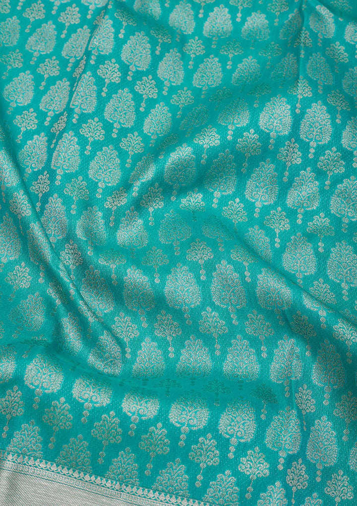 Turquoise Blue Silk Jaal Gold Zariwork Saree With Matching Blouse Piece