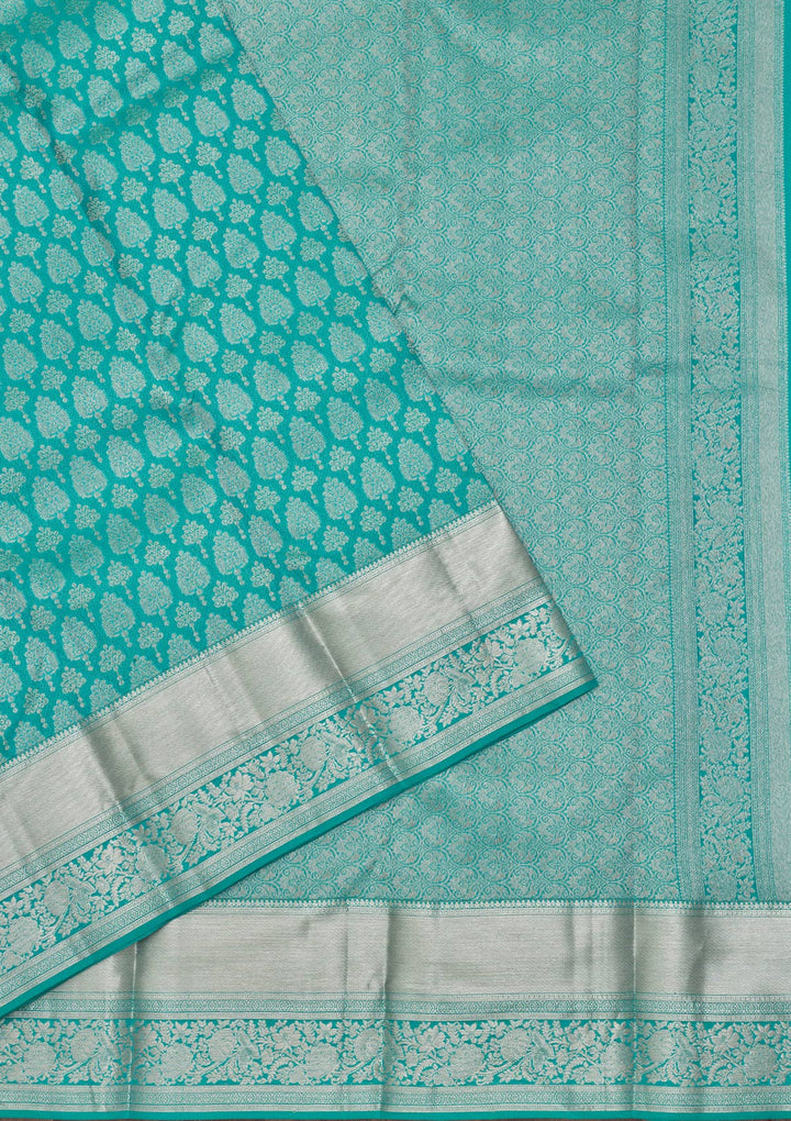 Turquoise Blue Silk Jaal Gold Zariwork Saree With Matching Blouse Piece