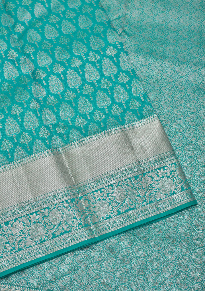 Turquoise Blue Silk Jaal Gold Zariwork Saree With Matching Blouse Piece