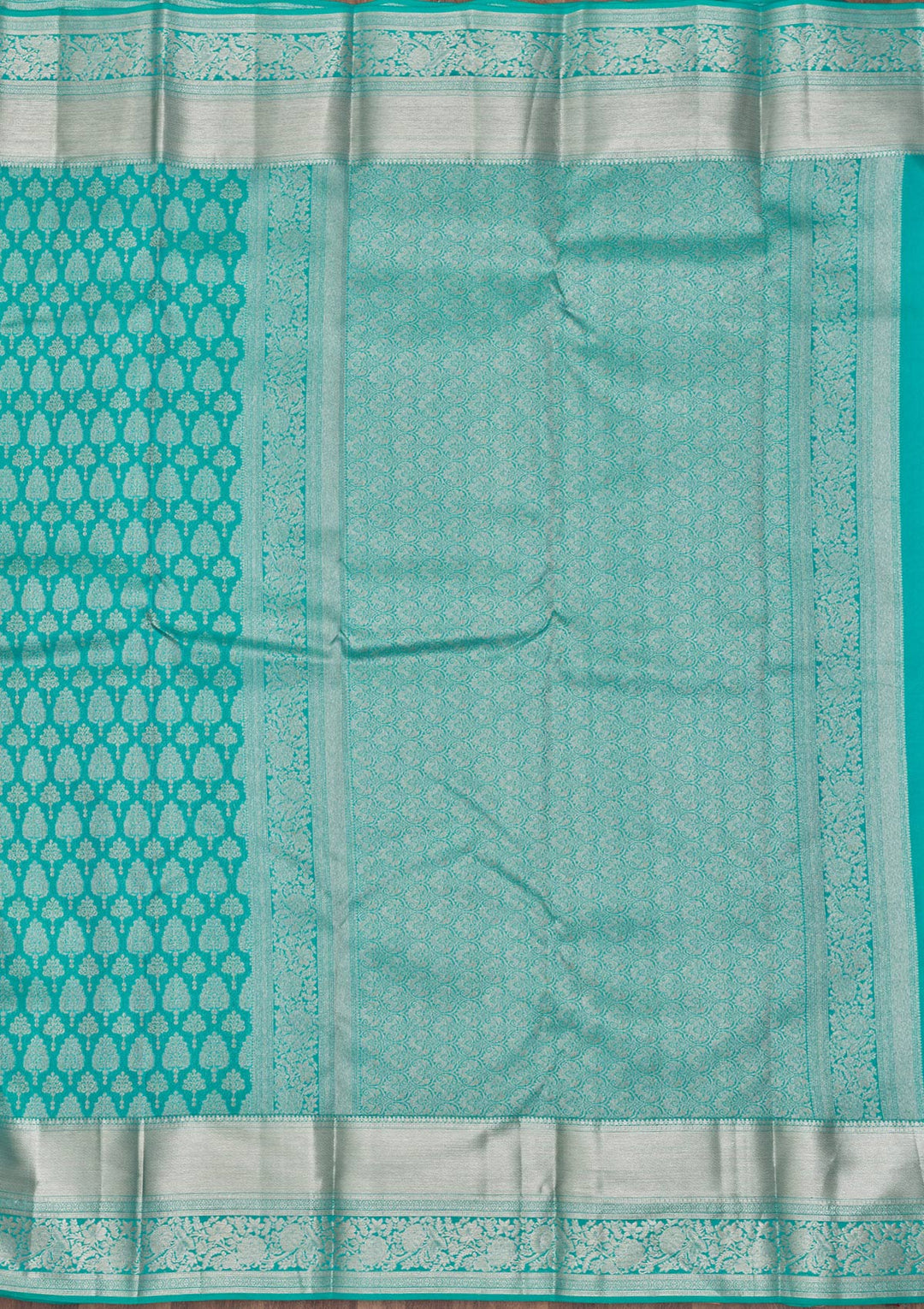 Turquoise Blue Silk Jaal Gold Zariwork Saree With Matching Blouse Piece