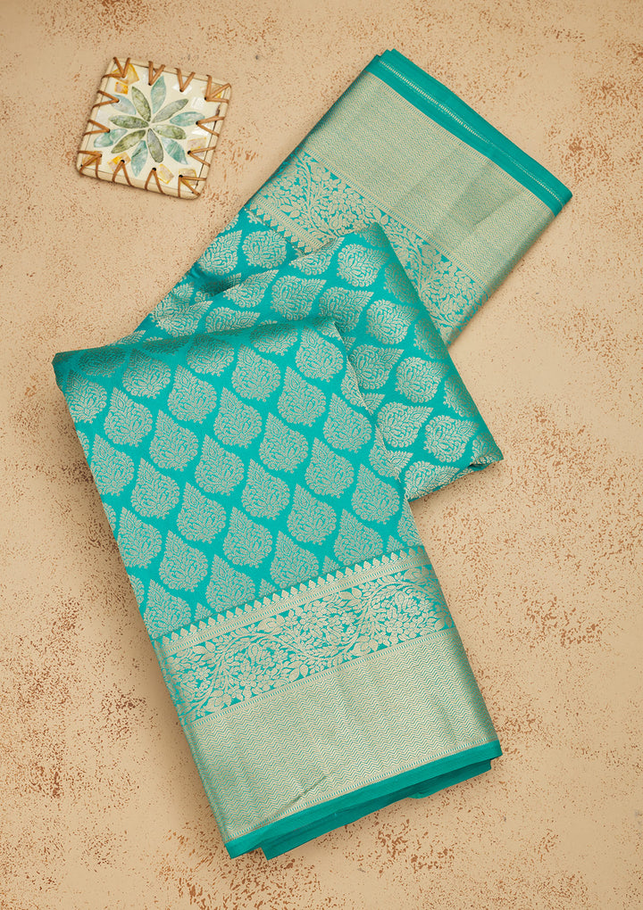 Turquoise Blue Silk Jaal Gold Zariwork Saree With Matching Blouse Piece
