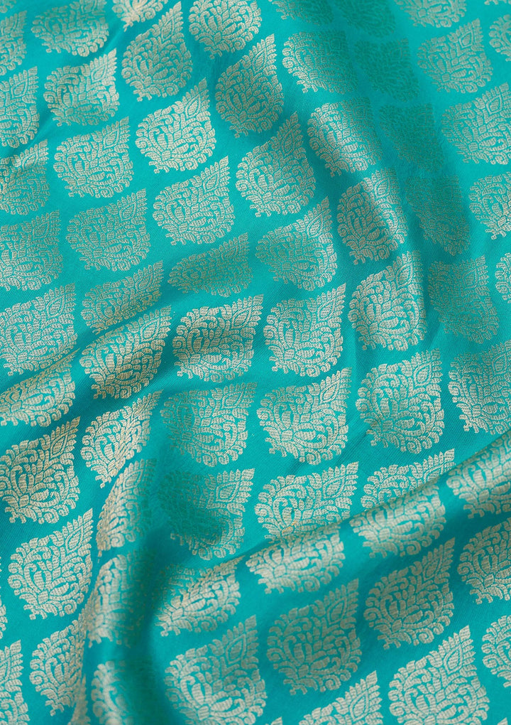 Turquoise Blue Silk Jaal Gold Zariwork Saree With Matching Blouse Piece