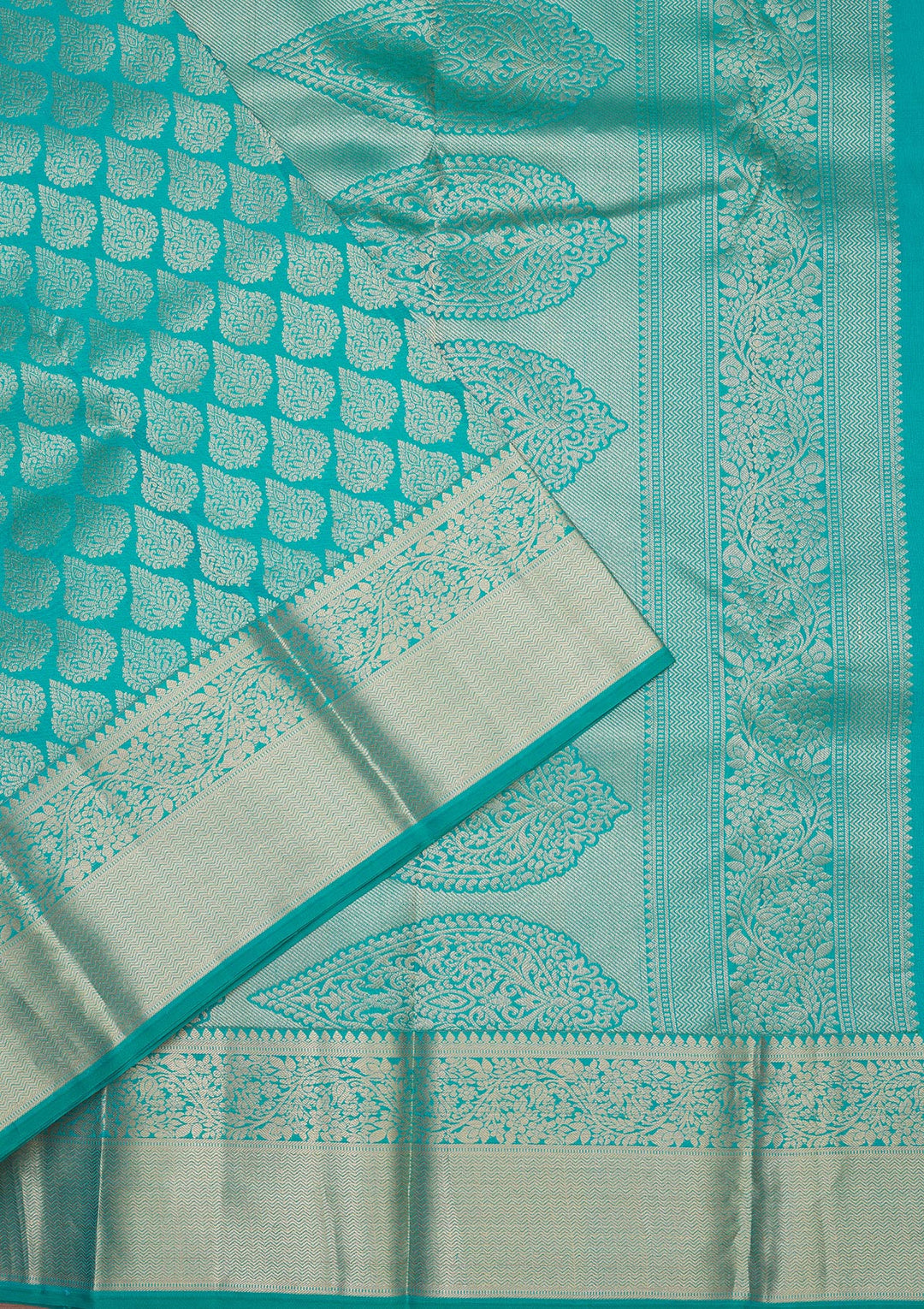 Turquoise Blue Silk Jaal Gold Zariwork Saree With Matching Blouse Piece