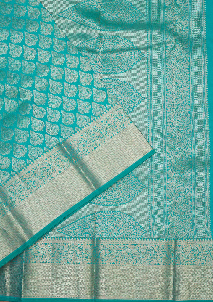 Turquoise Blue Silk Jaal Gold Zariwork Saree With Matching Blouse Piece