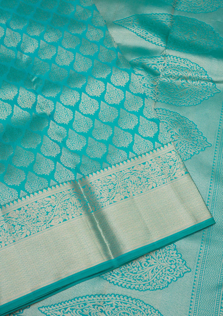 Turquoise Blue Silk Jaal Gold Zariwork Saree With Matching Blouse Piece