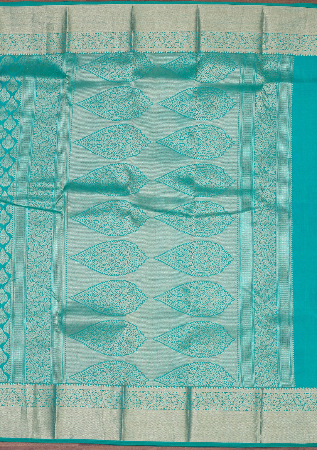 Turquoise Blue Silk Jaal Gold Zariwork Saree With Matching Blouse Piece