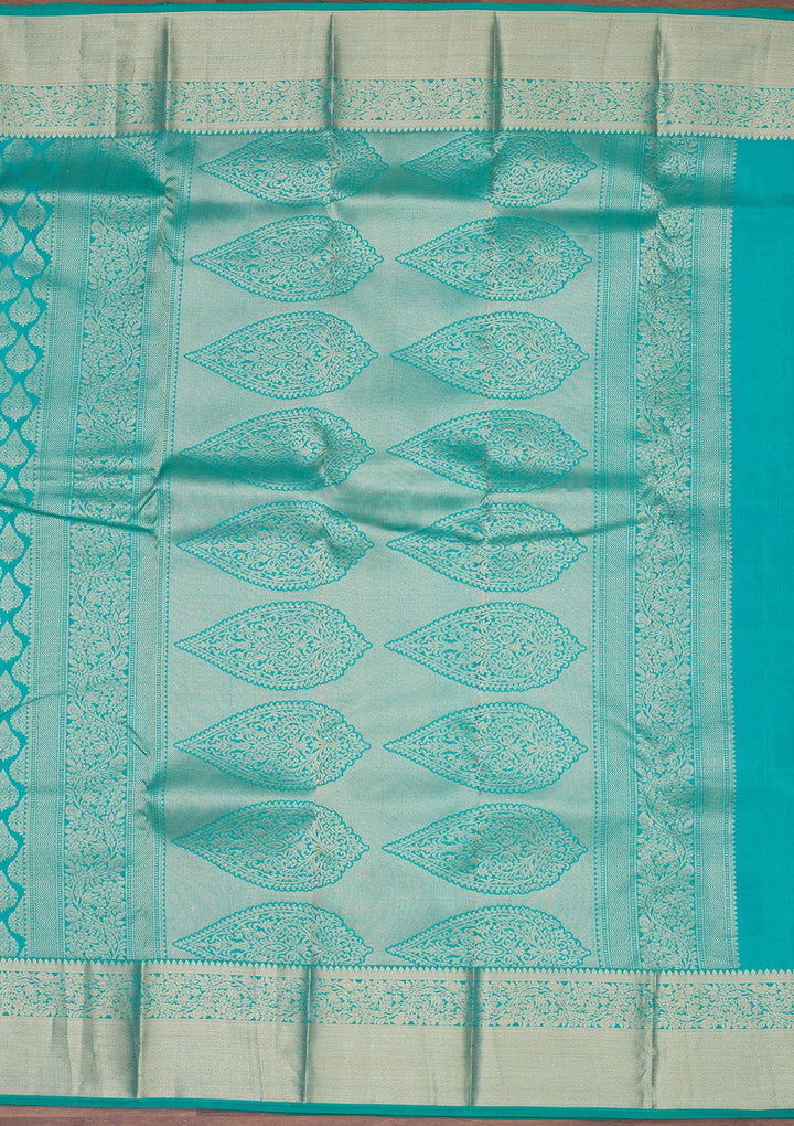 Turquoise Blue Silk Jaal Gold Zariwork Saree With Matching Blouse Piece