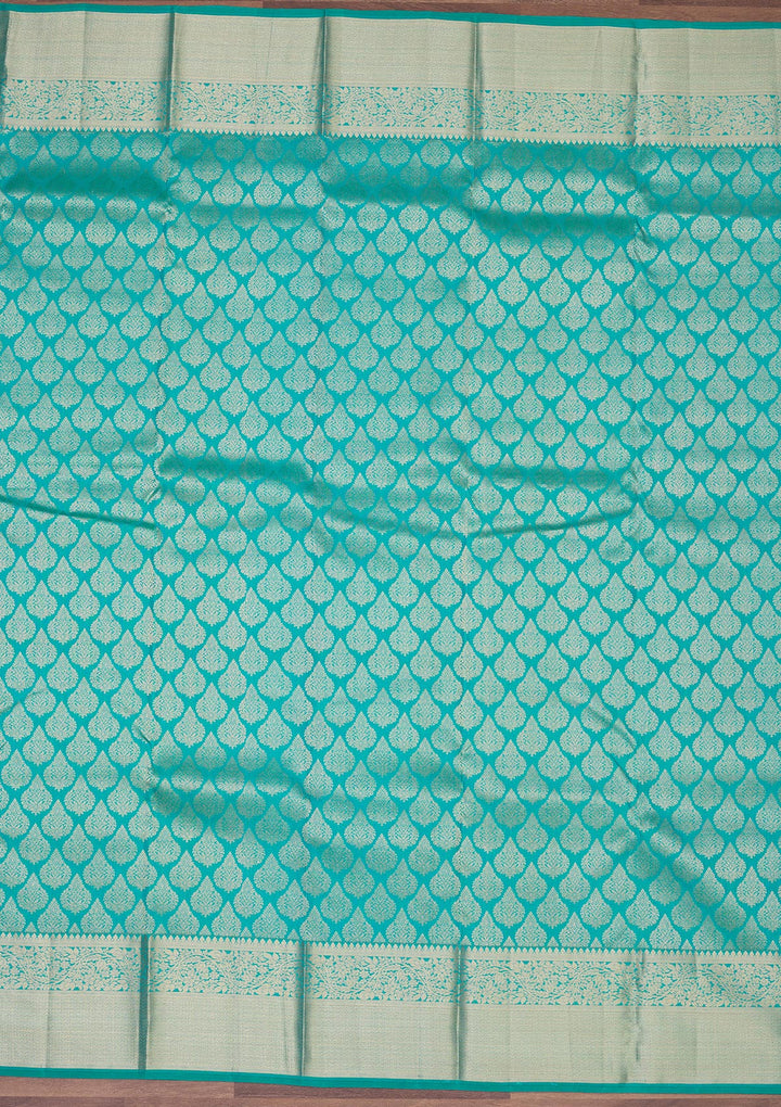 Turquoise Blue Silk Jaal Gold Zariwork Saree With Matching Blouse Piece