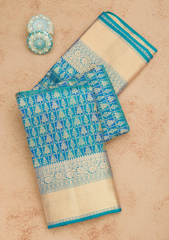 Turquoise Blue Pure Silk Jaal Zariwork Saree With Matching Blouse Piece