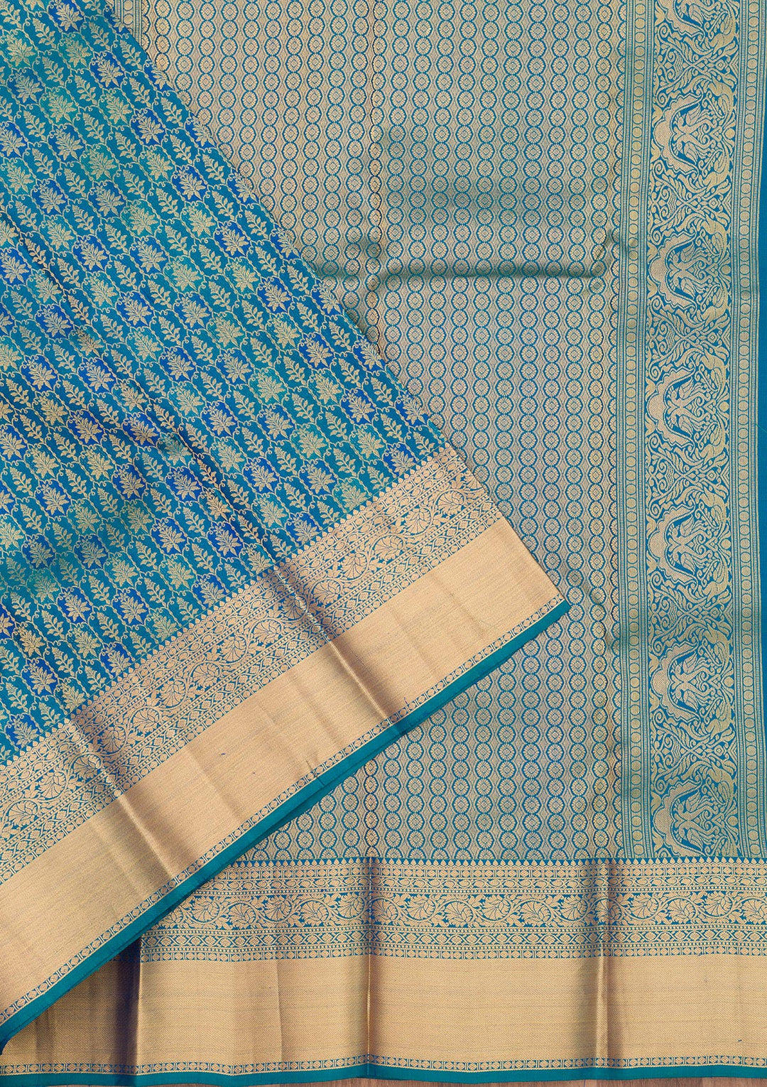 Turquoise Blue Pure Silk Jaal Zariwork Saree With Matching Blouse Piece