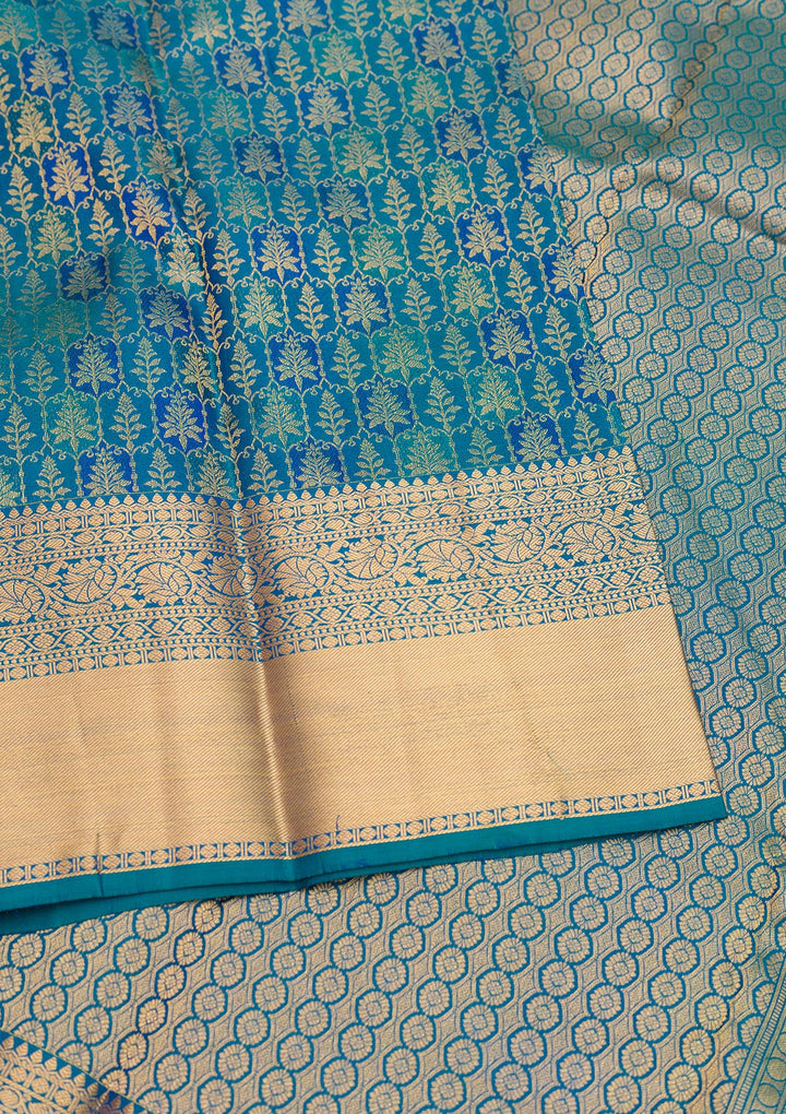 Turquoise Blue Pure Silk Jaal Zariwork Saree With Matching Blouse Piece