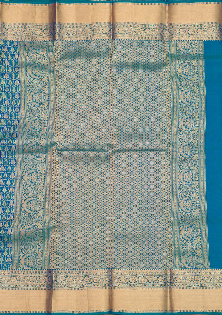 Turquoise Blue Pure Silk Jaal Zariwork Saree With Matching Blouse Piece