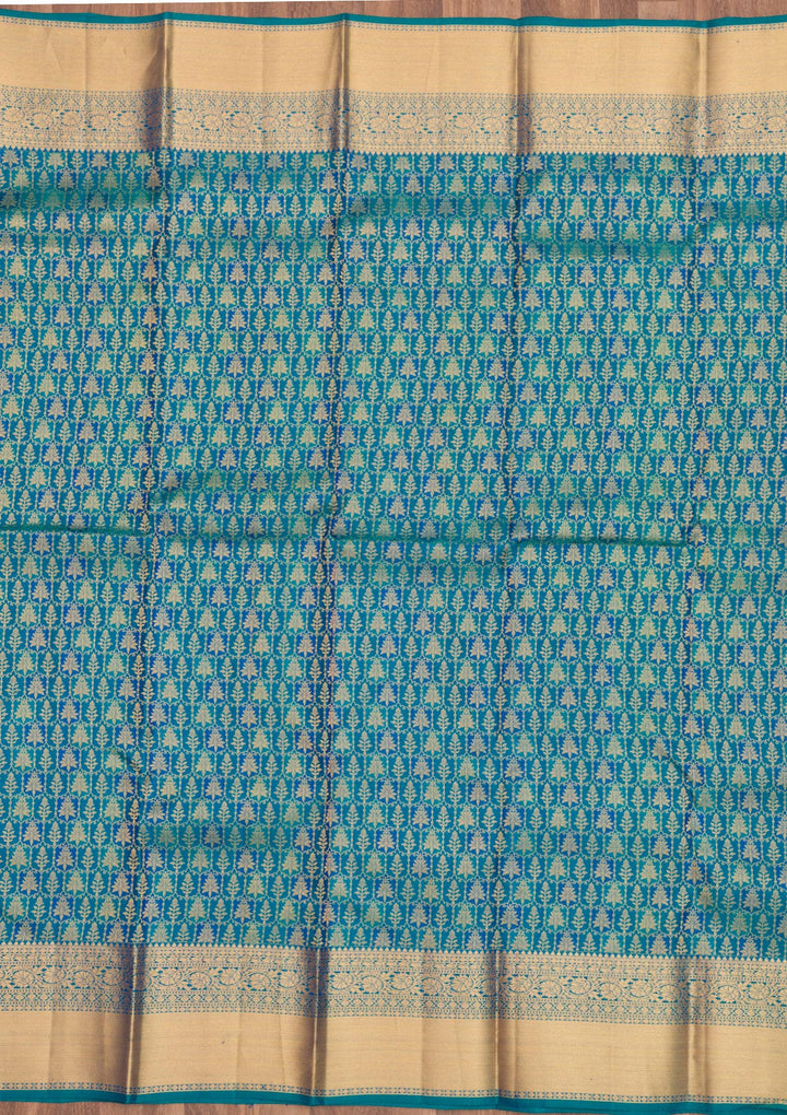 Turquoise Blue Pure Silk Jaal Zariwork Saree With Matching Blouse Piece
