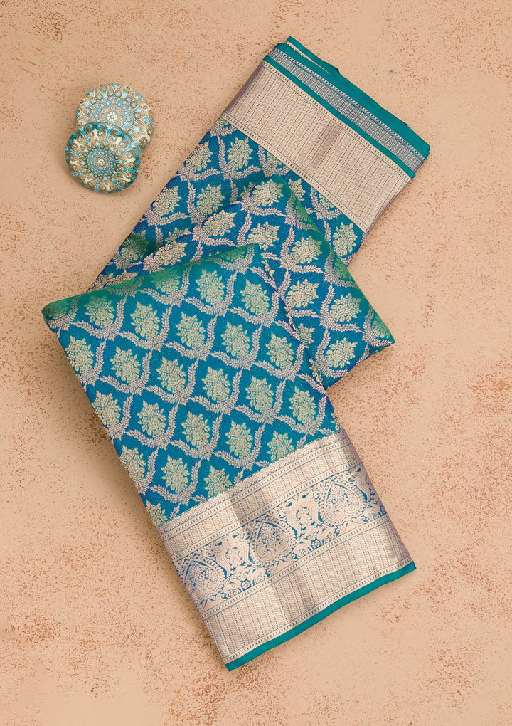 Turquoise Blue Silk Jaal Gold Zariwork Saree With Matching Blouse Piece