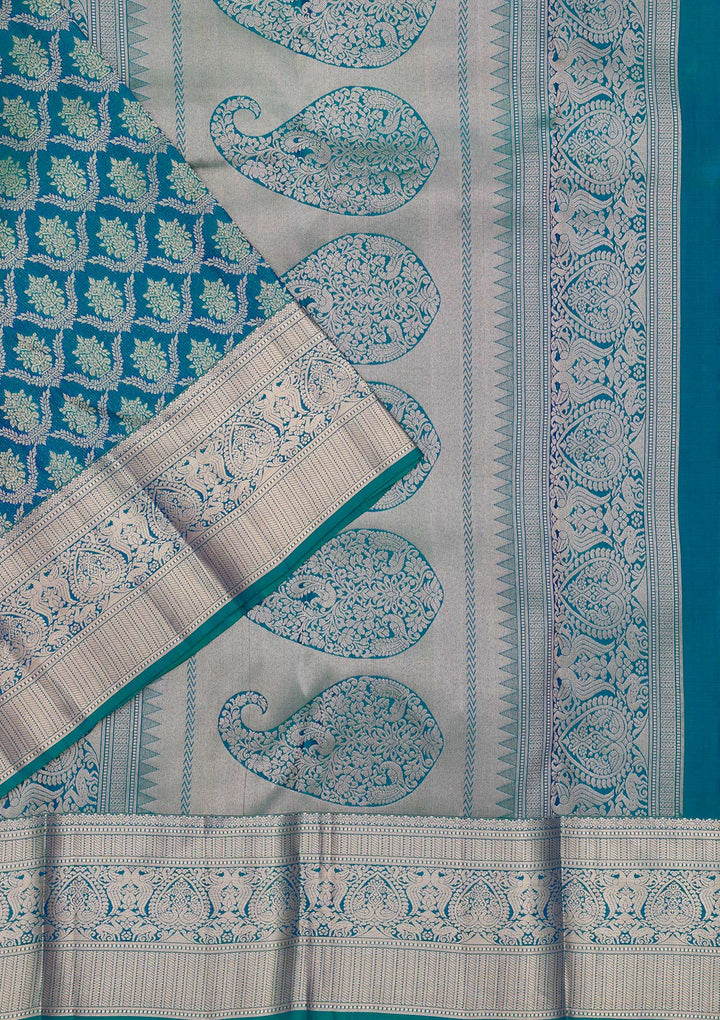 Turquoise Blue Silk Jaal Gold Zariwork Saree With Matching Blouse Piece