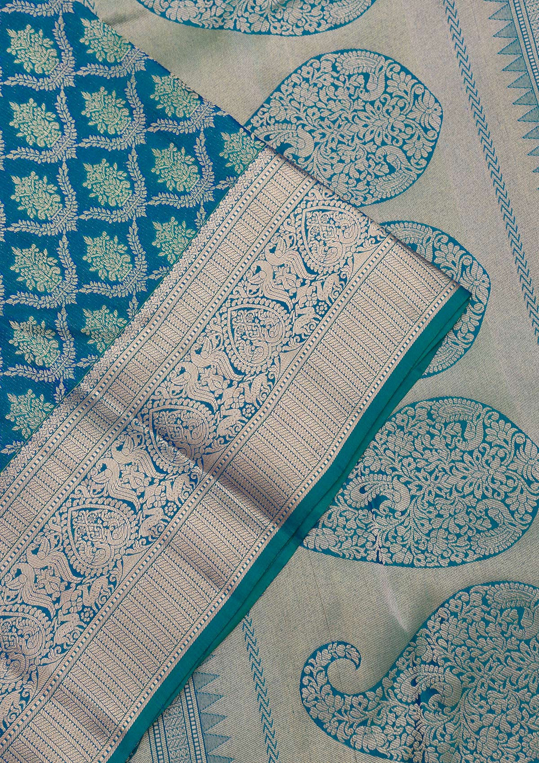 Turquoise Blue Silk Jaal Gold Zariwork Saree With Matching Blouse Piece