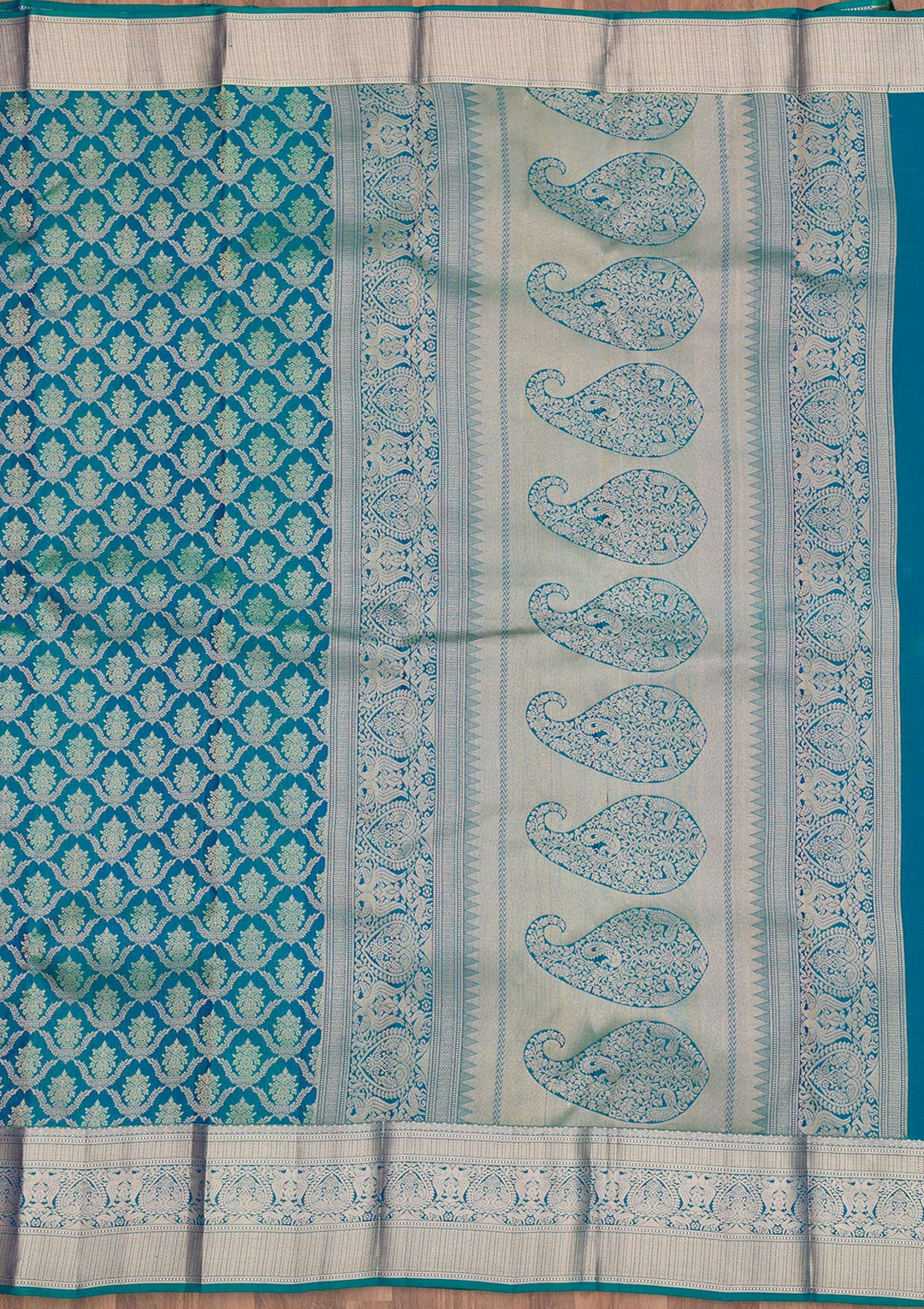 Turquoise Blue Silk Jaal Gold Zariwork Saree With Matching Blouse Piece
